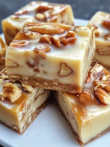 Creamy white chocolate fudge with crunchy pecans and a caramel swirl, perfect for holidays or any special occasion.