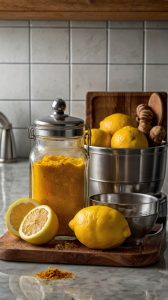 A natural detox drink with lemon, ginger, and turmeric to boost metabolism and aid weight loss