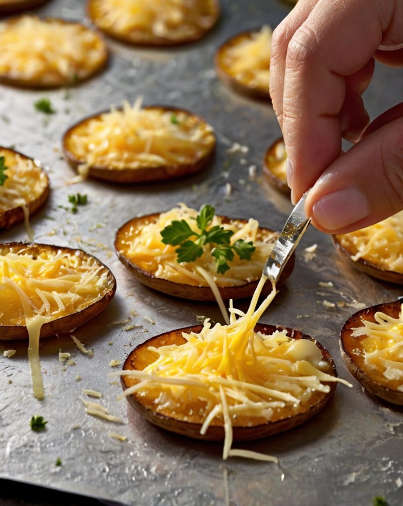 beautifully arranged serving plate with cheesy potato rounds garnished with fresh parsley and chopped chives. A drizzle of olive oil adds shine, and the plate is surrounded by small bowls of extra garnishes and seasoning for added app