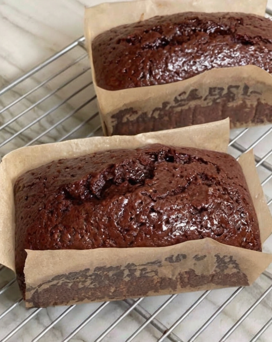 two freshly baked chocolate loaves placed on a metal cooling rack