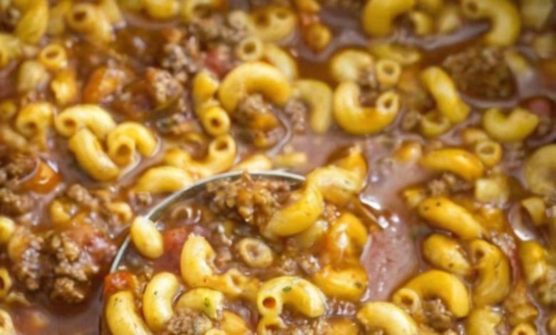 A comforting and hearty soup with beef, tomato broth, and tender macaroni, perfect for quick weeknight dinners or cozy meals.