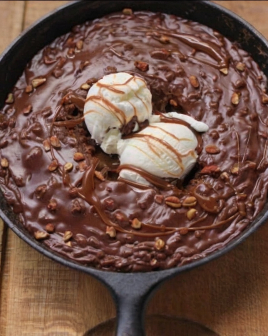 ustic-style dessert presented in a round, black cast iron skillet. The dessert is a rich, chocolate brownie topped with two scoops of vanilla ice cream.